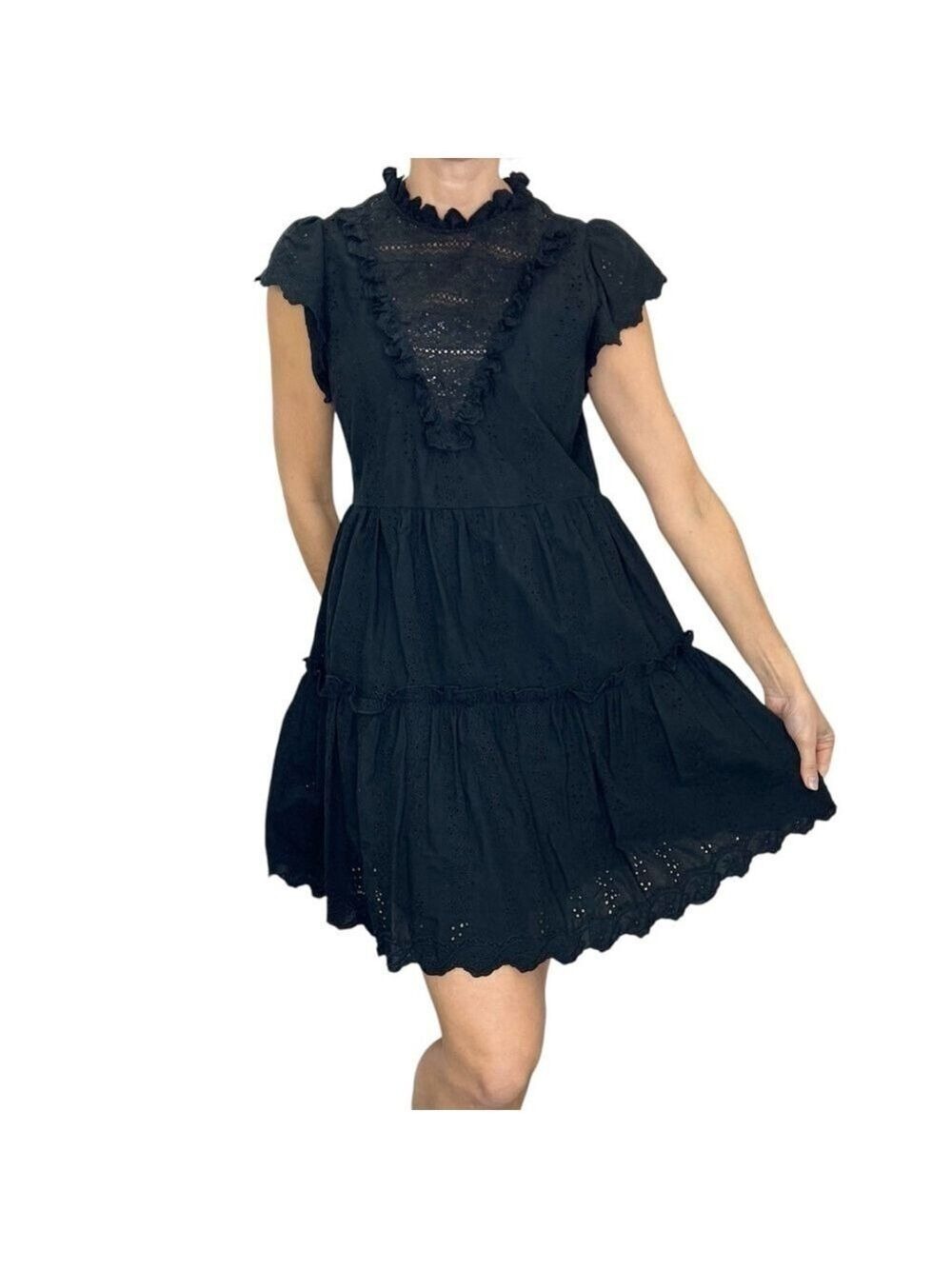 House of Harlow 1960 pure cotton black eyelet lace tiered boho mini dress M